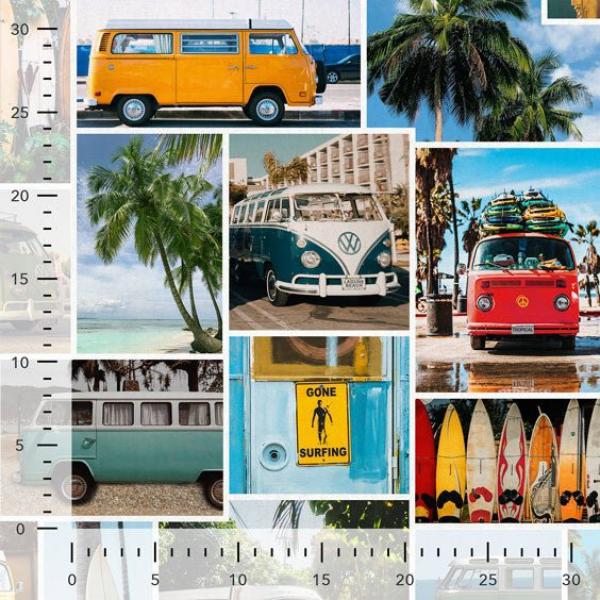 Dekostoff Halbpanama in Bunt mit Bulli, Fotocollage, Stoff in ganzer Breite